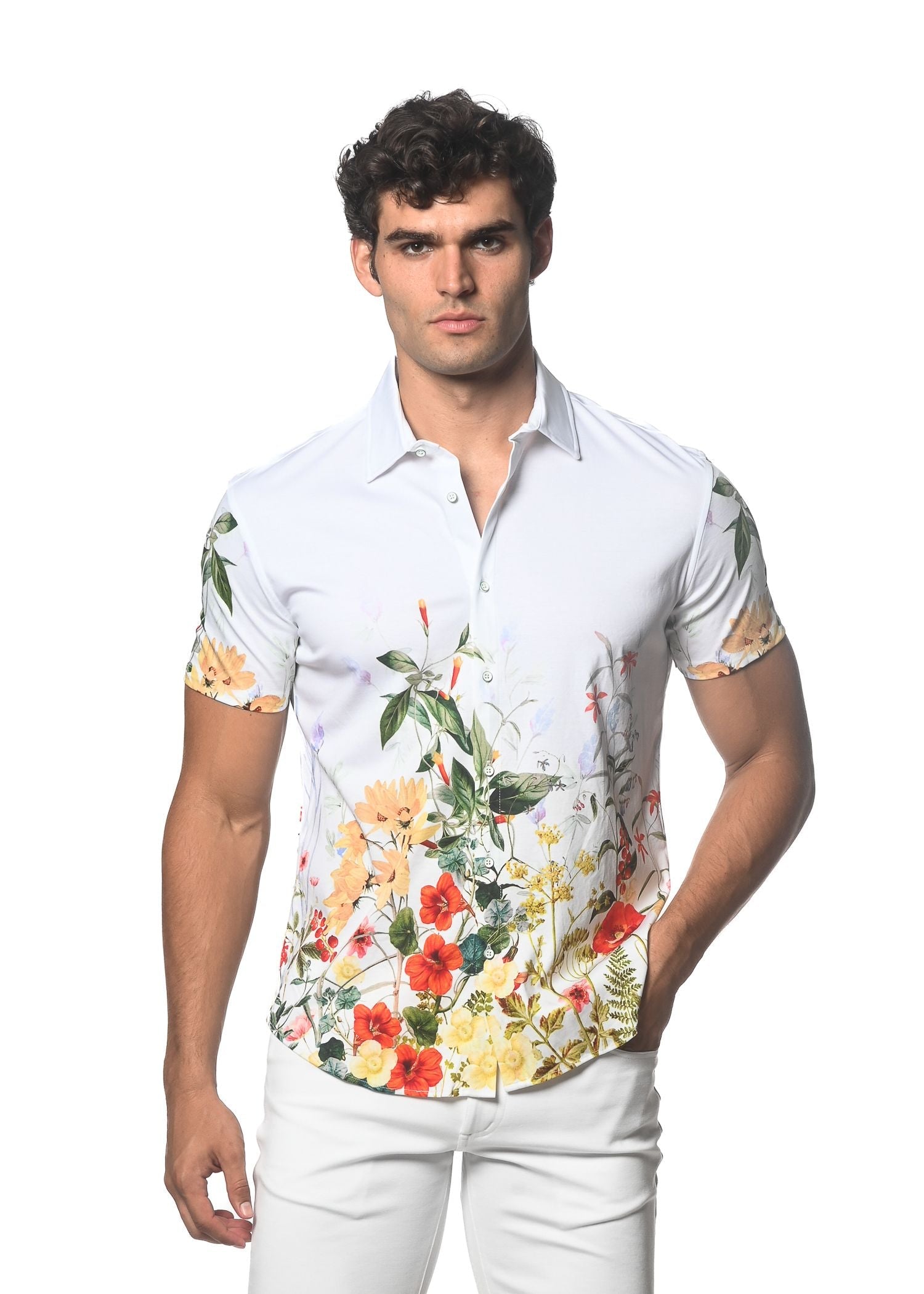 FLORAL BORDER PRINT STRETCH KNIT SHIRT - DealByEthan.gay loves ST33LE