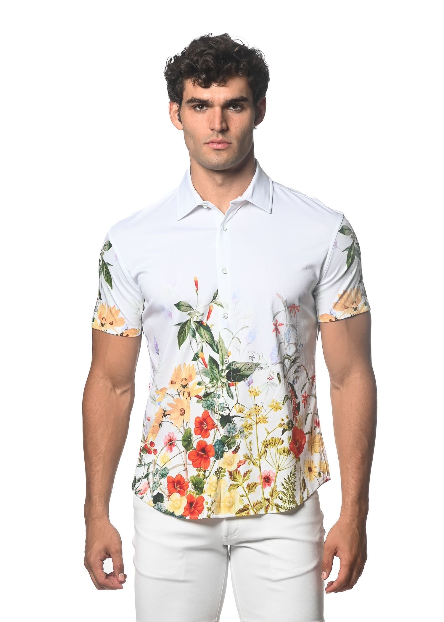 FLORAL BORDER PRINT STRETCH KNIT SHIRT - DealByEthan.gay loves ST33LE