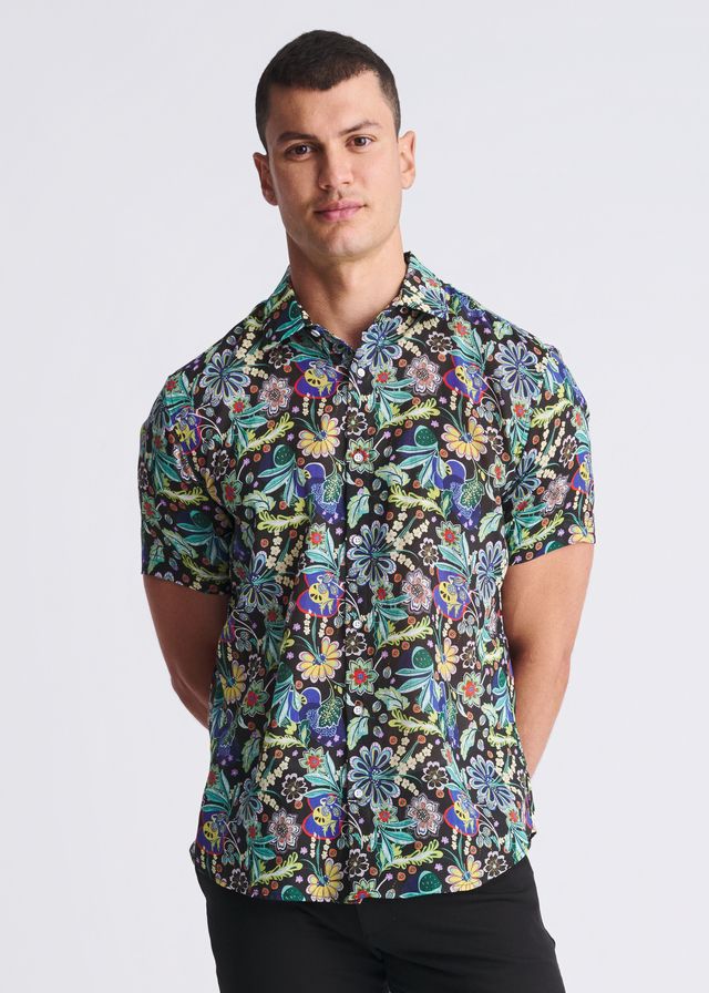 A vibrant short-sleeved floral lightweight linen tencel shirt with multicolored pattern on dark background