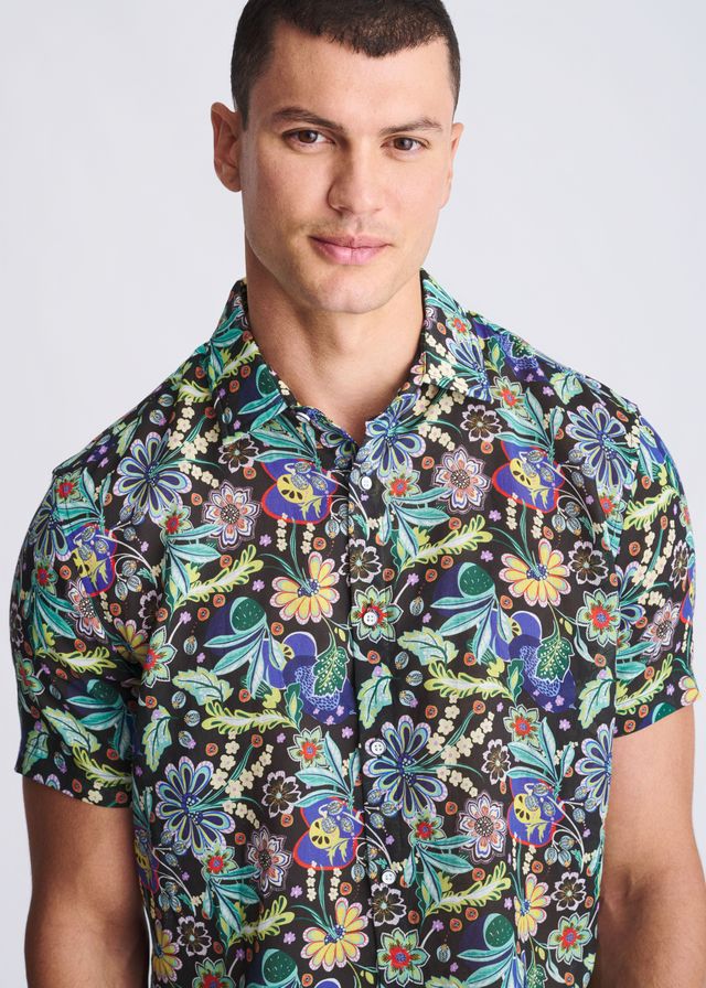 Floral lightweight linen tencel short sleeve shirt with vibrant green blue yellow and purple floral pattern on dark background