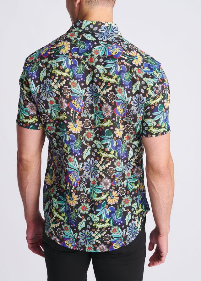 Floral lightweight linen tencel short-sleeved shirt with vibrant blue green yellow purple floral pattern on black background