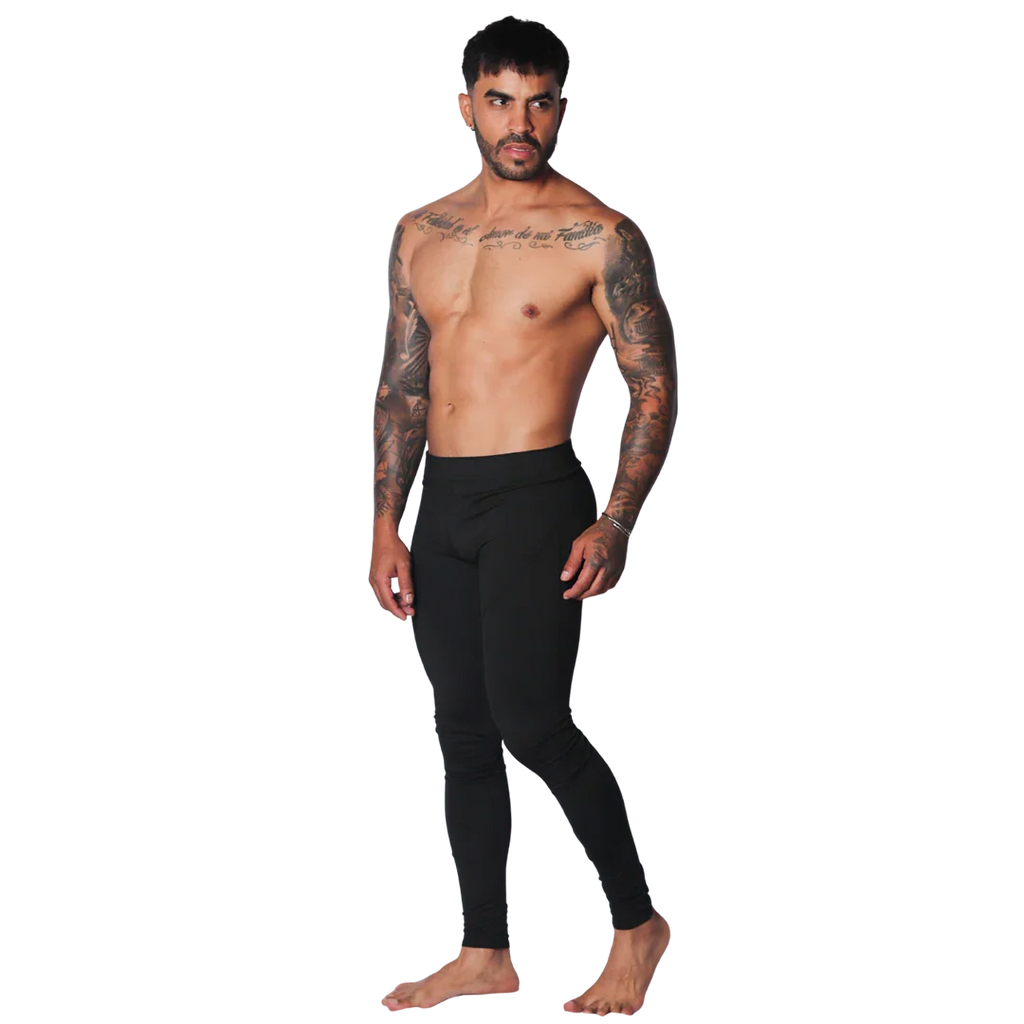 Form-fitting black Lycra leggings for men with a seamless athletic style and high-rise waistband.