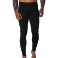 Form-fitting black Lycra leggings featuring a high-rise elastic waistband and a sleek, minimalist design.