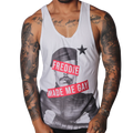 White cotton tank top with a black-and-white print of Freddie Mercury and red text reading "FREDDIE MADE ME GAY."