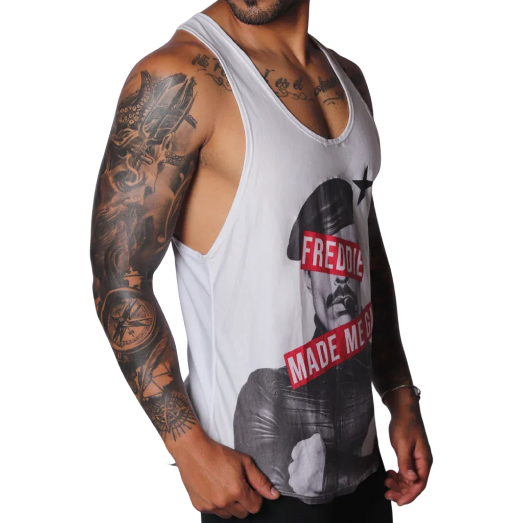 White racerback tank top featuring a graphic of Freddie Mercury with red text bars and a black star.
