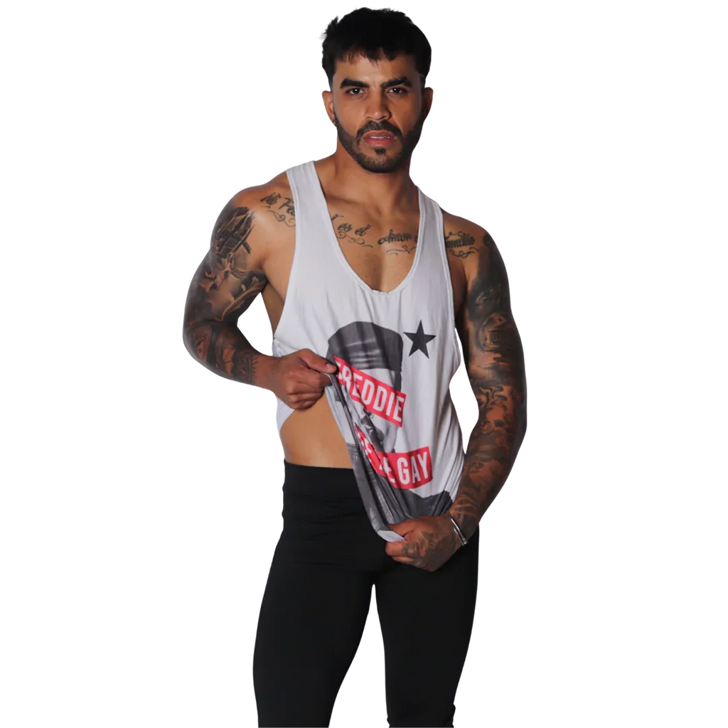 White cotton racerback tank top featuring a black and white Freddie Mercury graphic and red text detail.