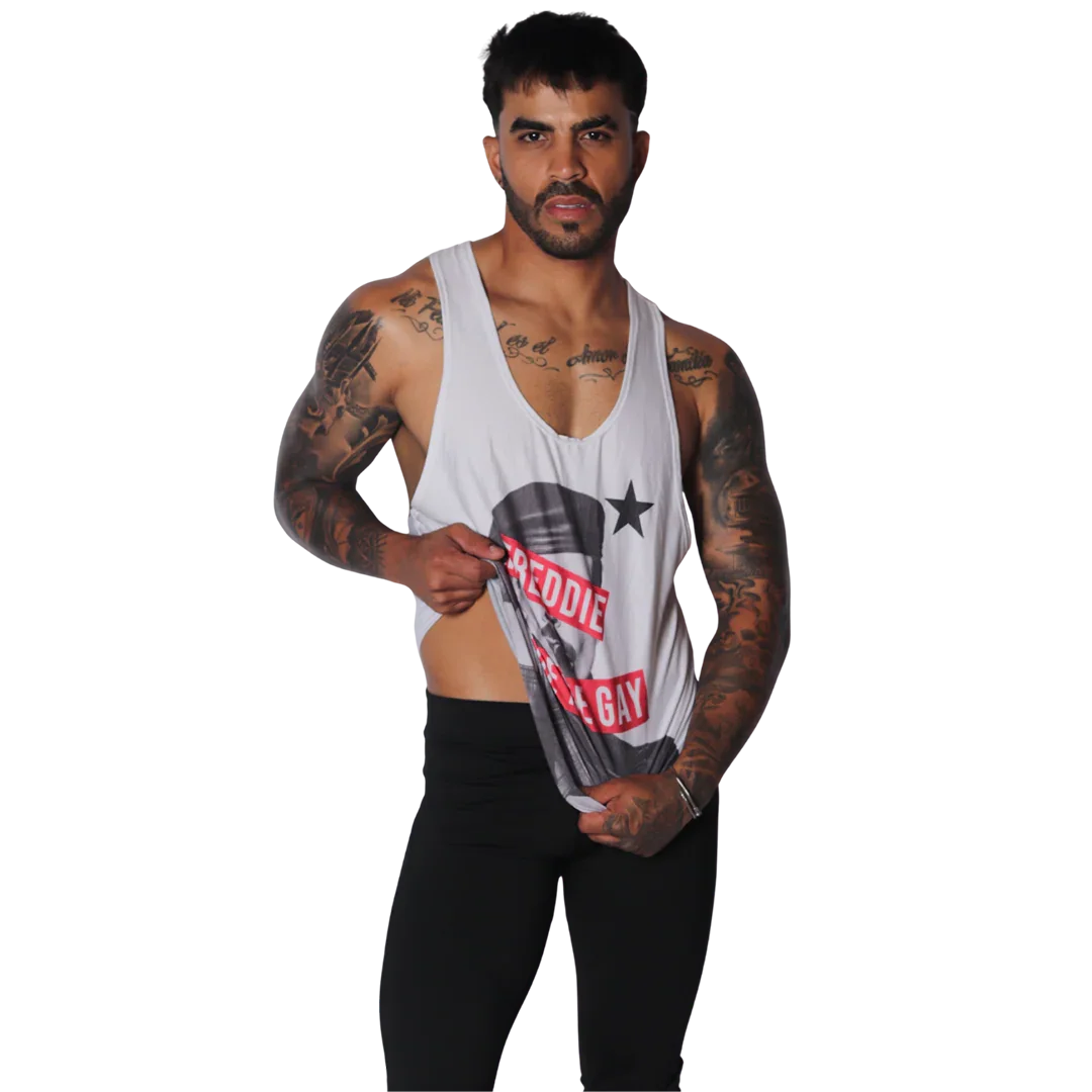 White cotton racerback tank top featuring a black and white Freddie Mercury graphic and red text detail.