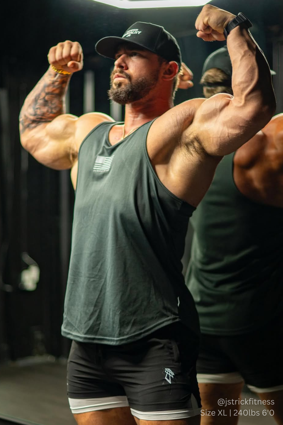 Black cap with white us of a logo and text designed for fast dry bodybuilding workouts