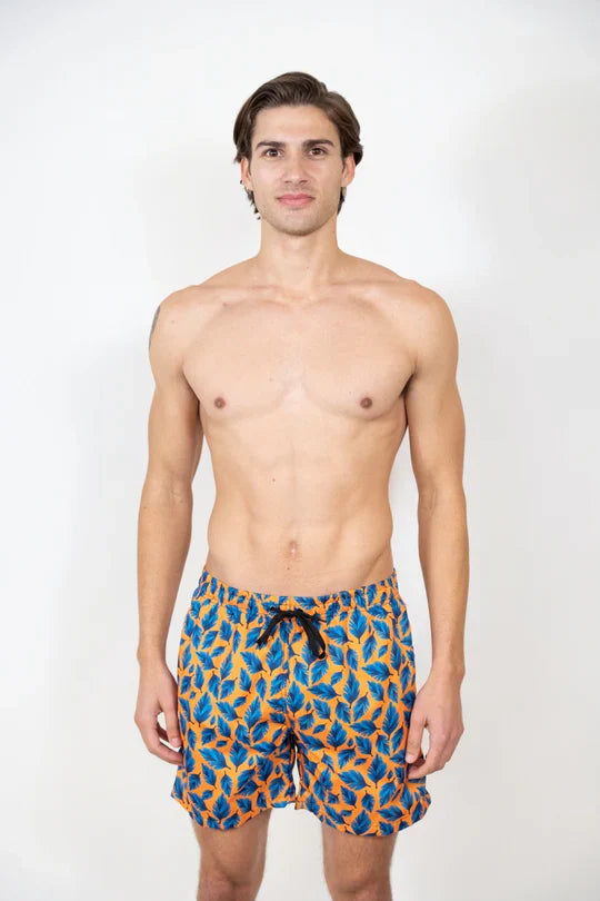 Men’s feather print swim shorts with vibrant blue and orange leaf pattern and black drawstring waistband