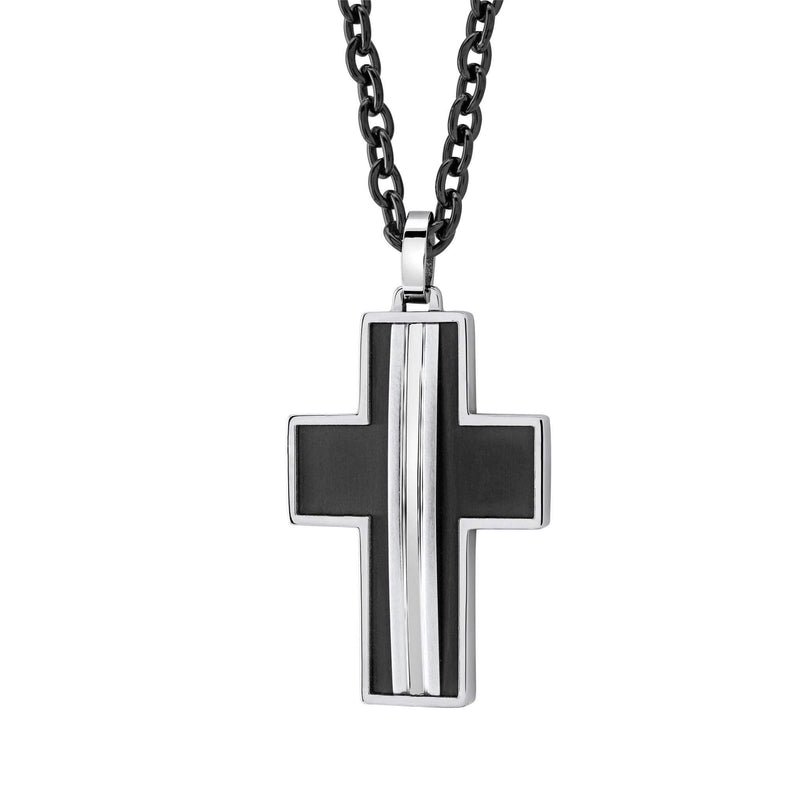 Black and silver fede cross pendant with sleek modern design featuring three vertical stripes on the center