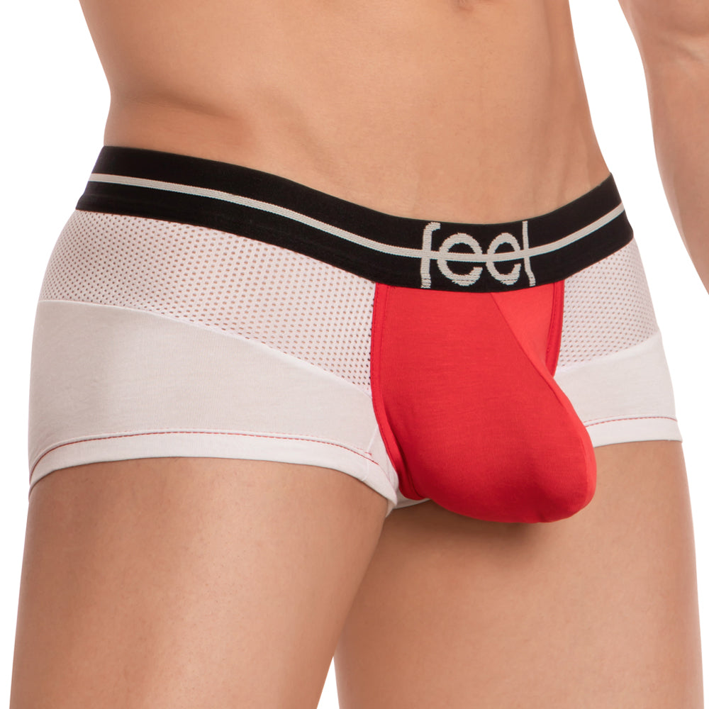 Feel feg022 boxer trunk red and white mesh briefs with black waistband featuring feel logo front view