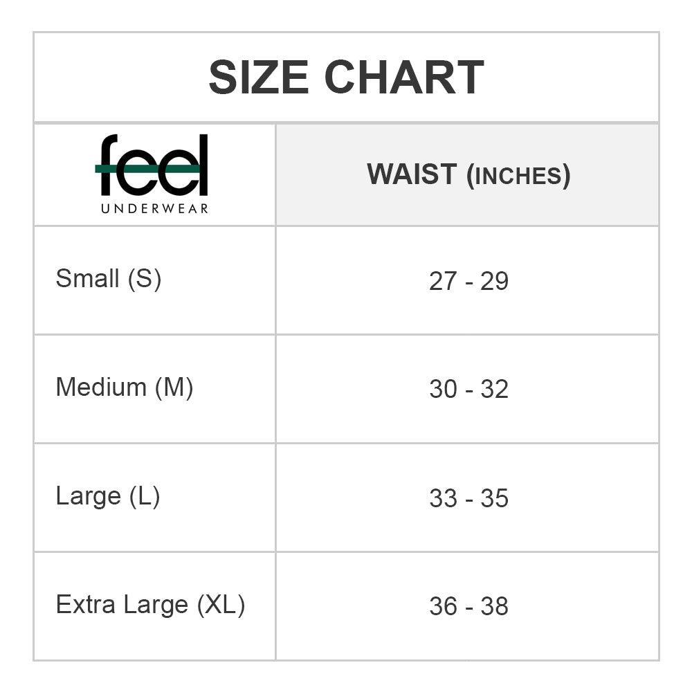 Feel feg023 boxer trunk size chart showing waist measurements for small to extra large feel underwear sizes