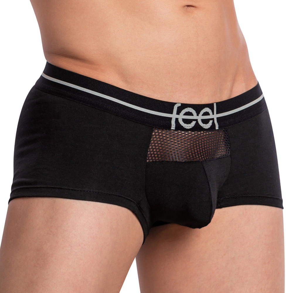 Feel feg025 boxer trunk black men’s briefs with mesh panel and white feel branding on waistband