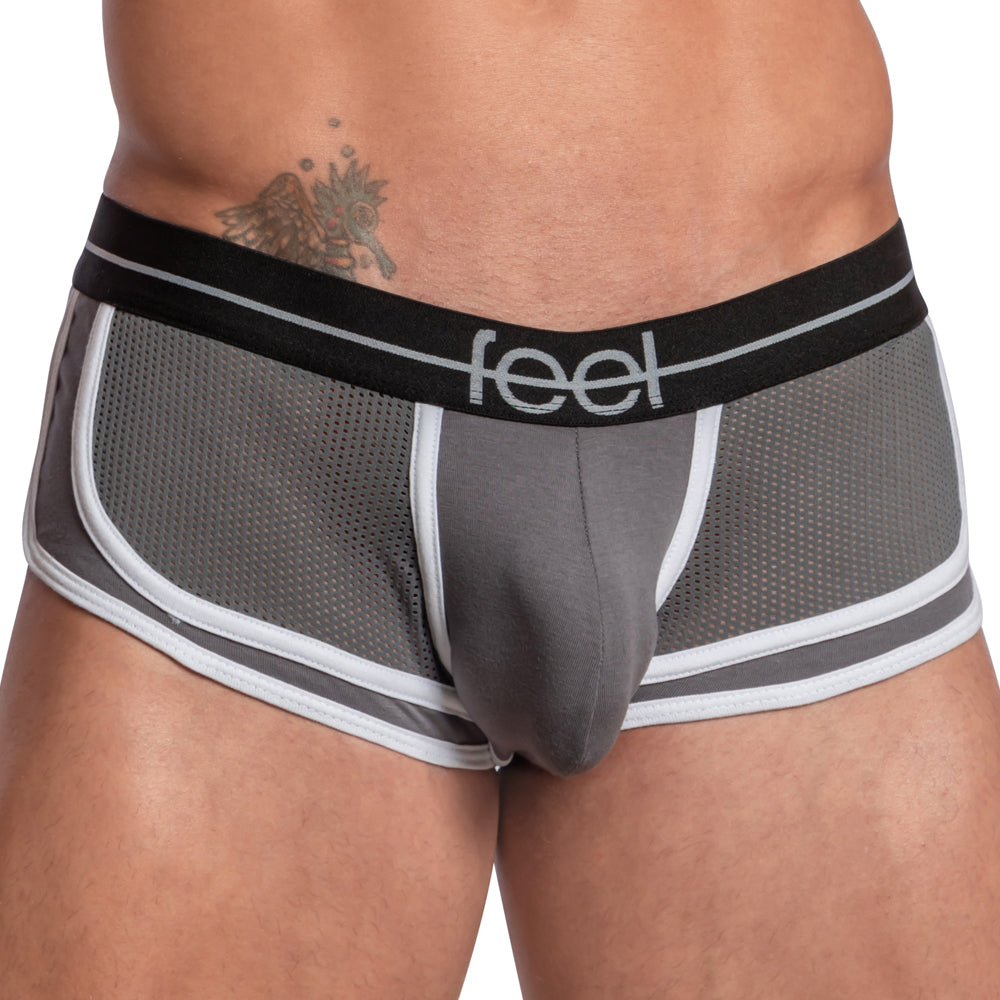 Feel FEG026 boxer trunk gray mesh briefs with white and black trim and feel logo on waistband