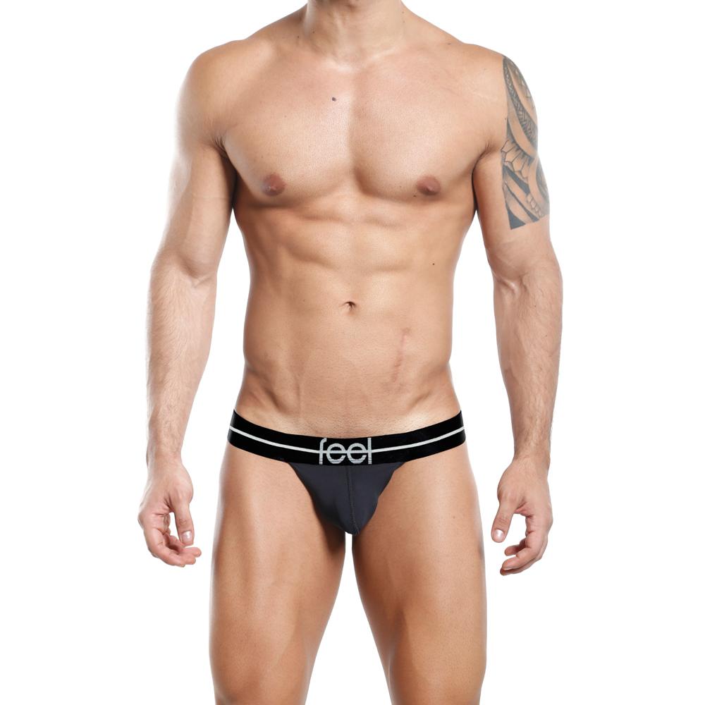 Black feel FEK002 slip thong briefs with white logo waistband showing front side in soft breathable fabric