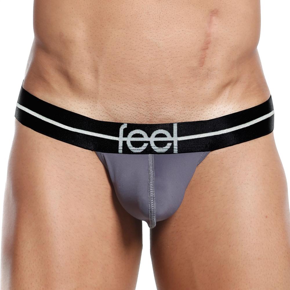 Feel FEK002 slip thong gray briefs with black waistband white stripes and feel logo front view