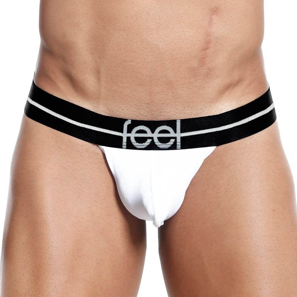 White feel FEK002 slip thong briefs with black waistband white stripes and silver feel logo front view