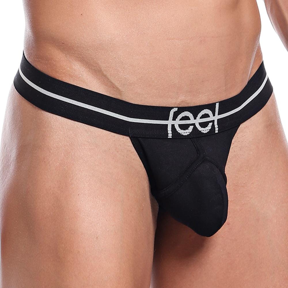 Black feel brand thong with white trim and logo in feel fek018 perfect g-string showing front side details