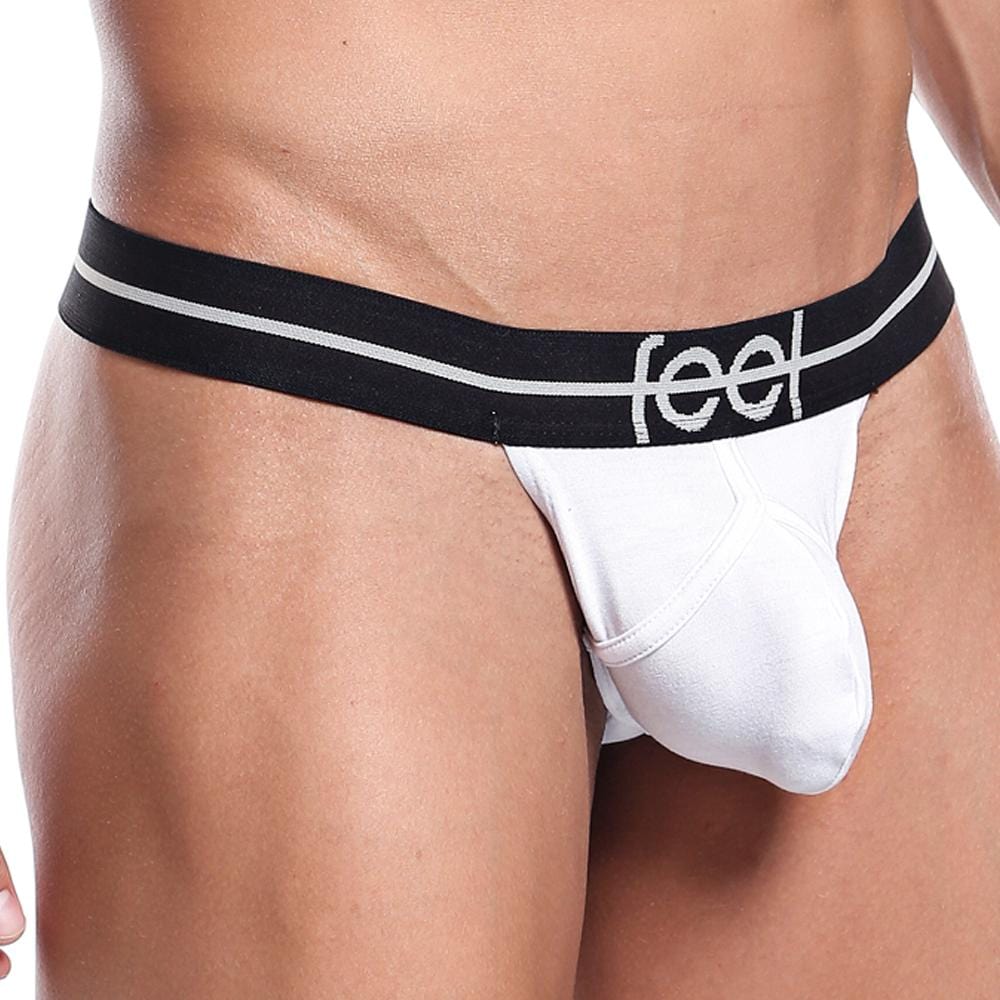 White feel brand jockstrap with black elastic waistband and silver logo stripes perfect for daily wear