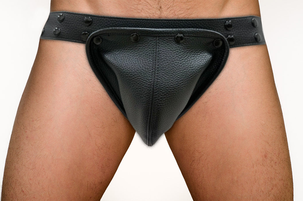 Black leather Fizx jockstrap thong with textured surface and decorative rivets along the waistband