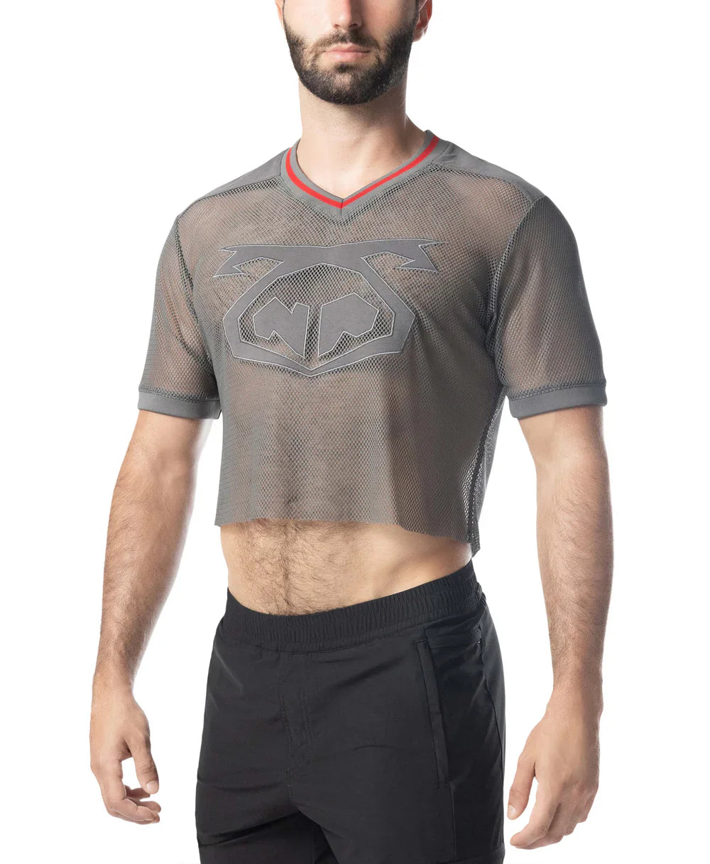 Gray mesh crop top flex jersey with red-trimmed v-neck and bold dark gray logo on the chest