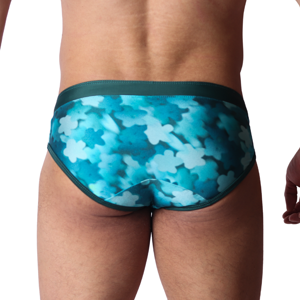 Floral Blue Swim Brief back view by Gigo Underwear