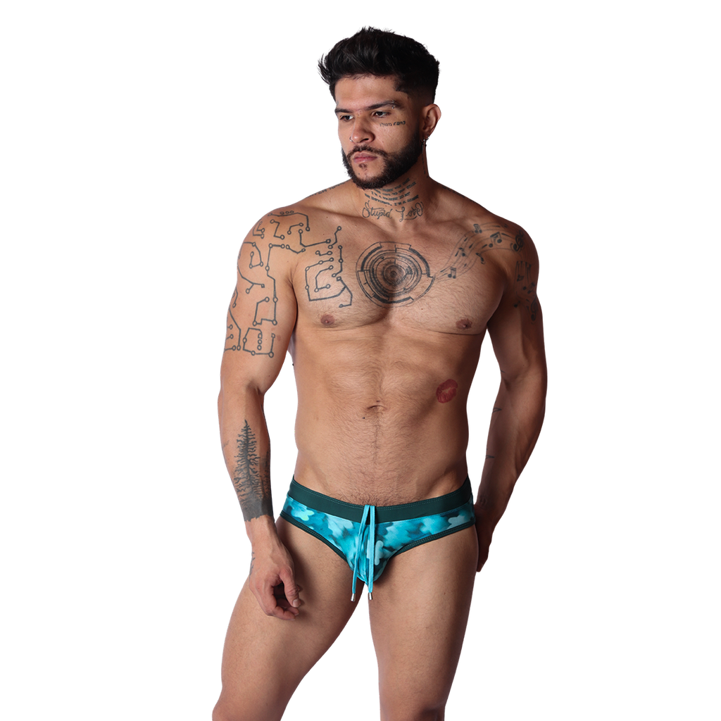 Floral Blue Swim Brief on model by Gigo Underwear
