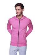 Form-fit crossover yoga track performance hoodie in vibrant berry pink with black zipper and front pockets for active wear
