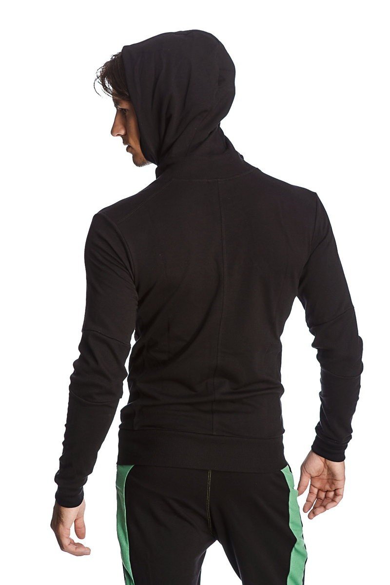 Back view of black form-fit crossover yoga track performance hoodie with subtle seam detail and green zipper