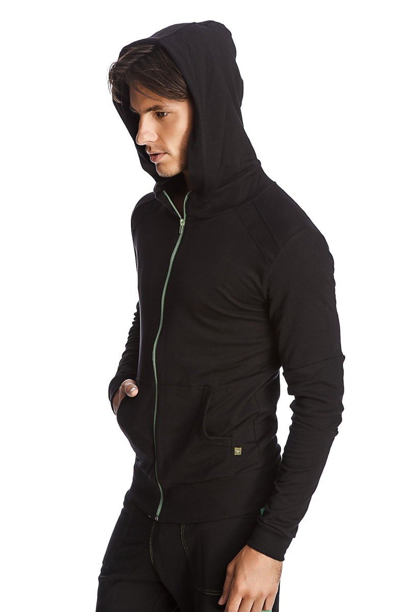 Black form-fit crossover yoga track performance hoodie with sleek minimalist design and subtle green zipper trim