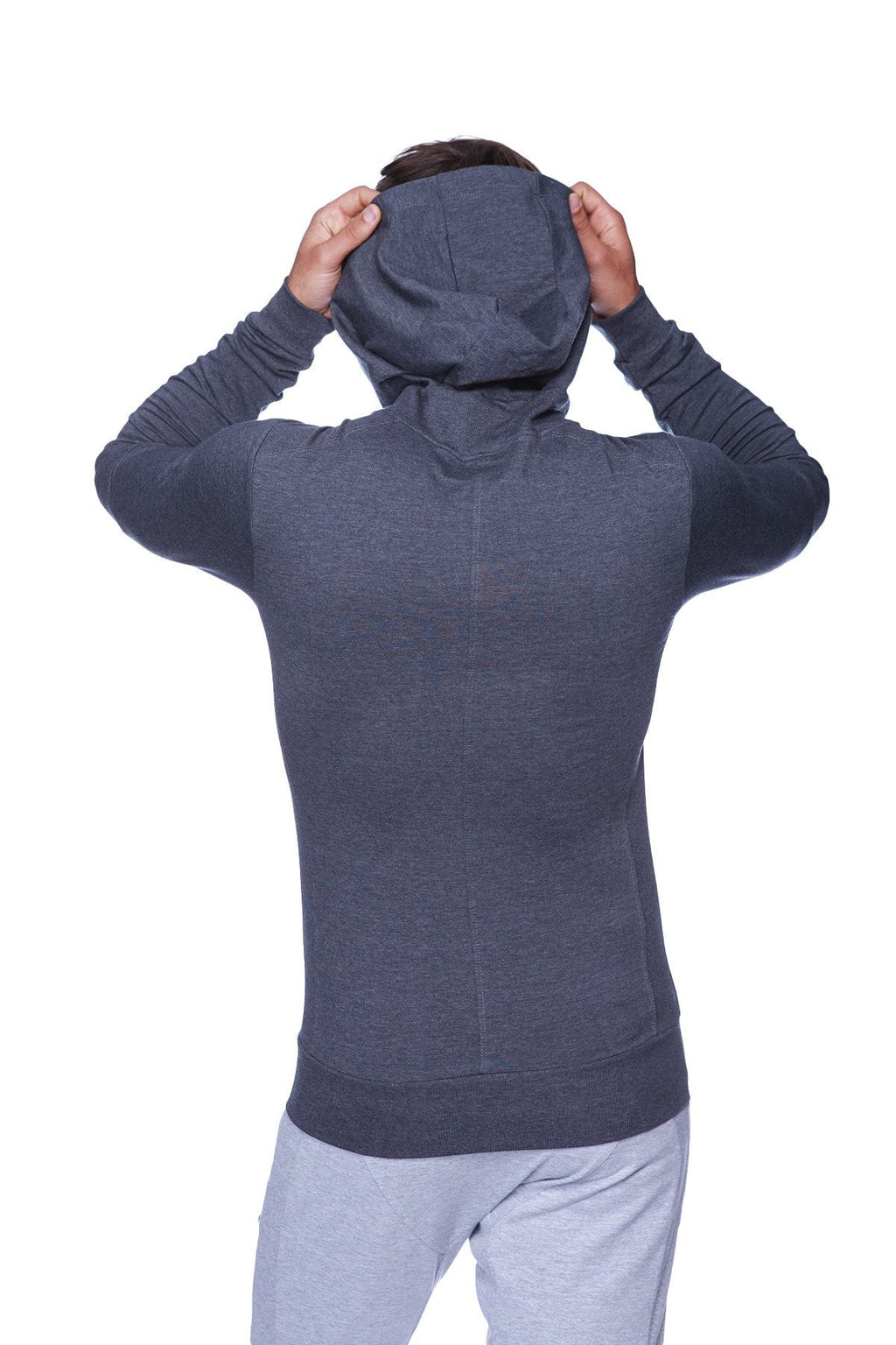 Dark gray form-fit crossover yoga track performance hoodie with textured fabric and long sleeves