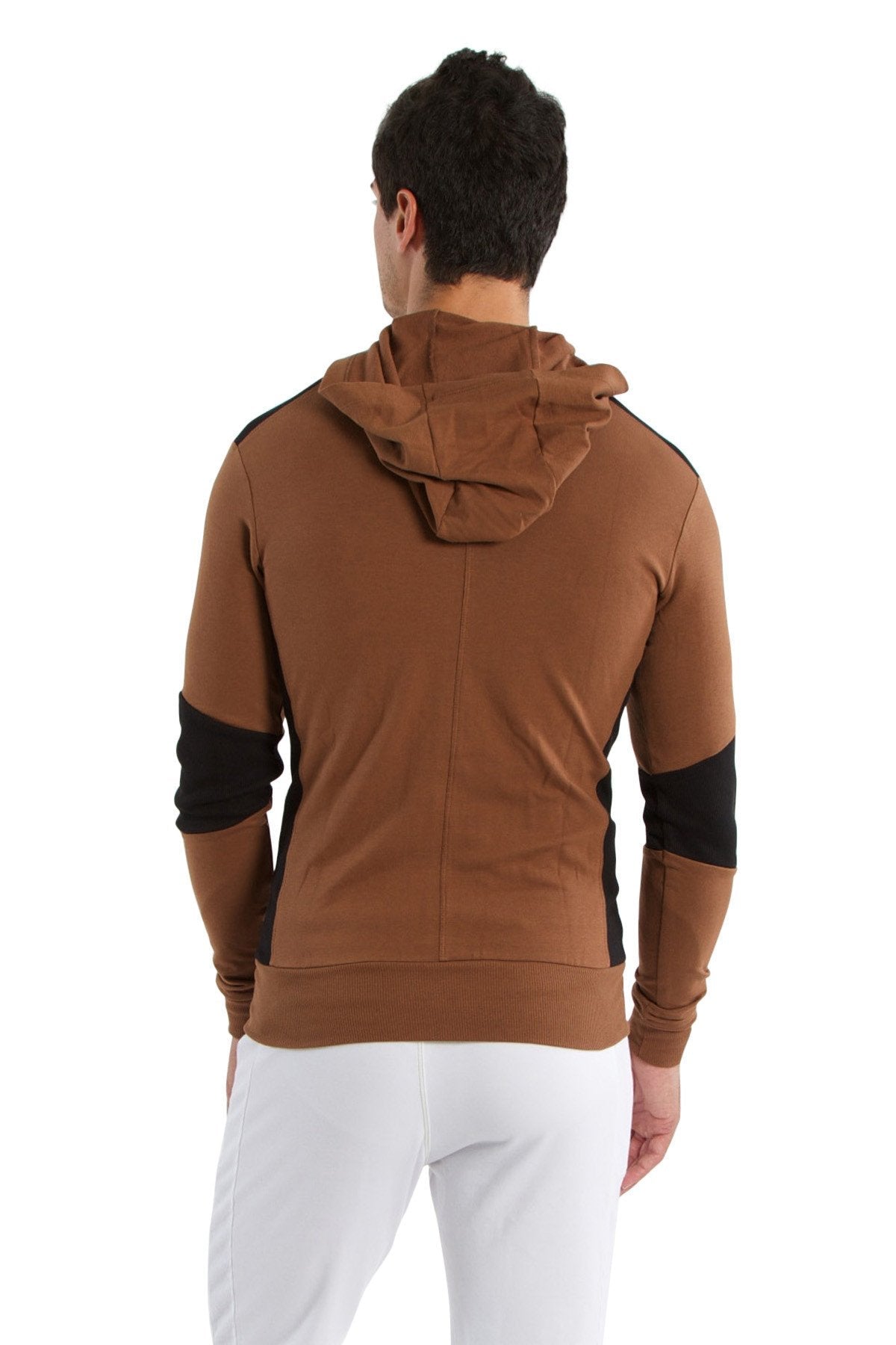 Form-fit crossover yoga track performance hoodie in chocolate brown with black contrast panels on shoulders and sleeves