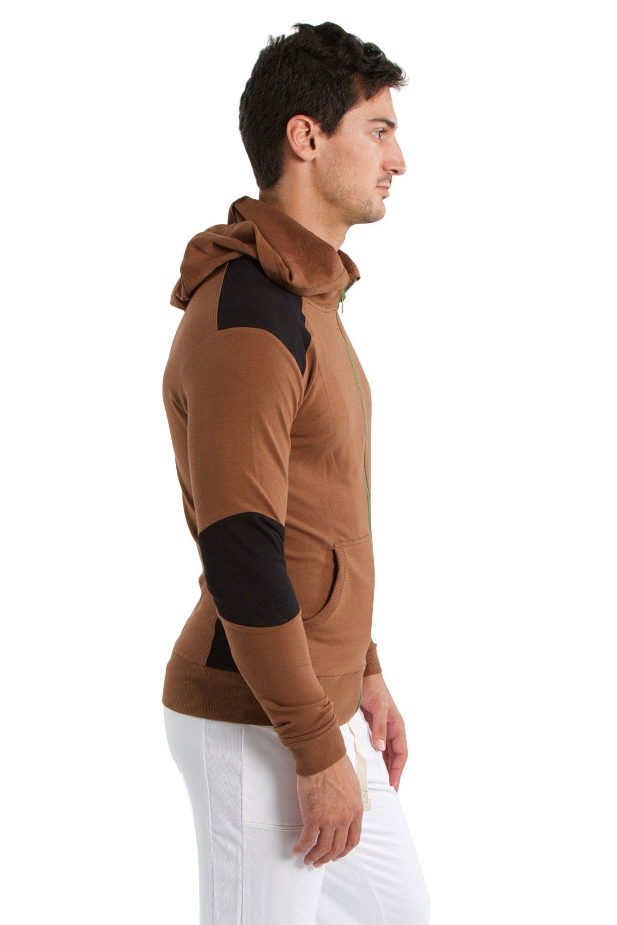 Form-fit crossover yoga track performance hoodie in chocolate and black with zip-up front and attached hood