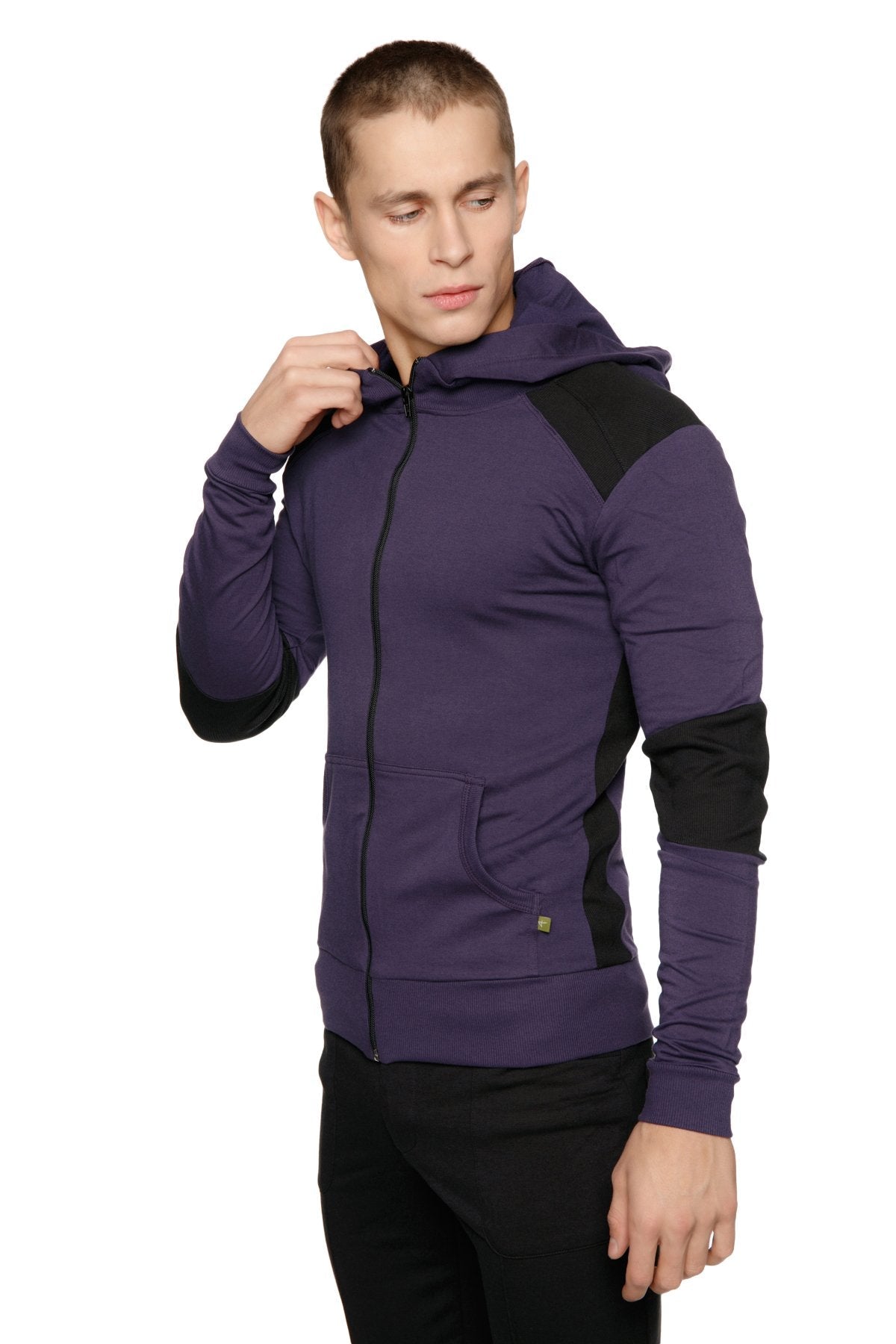 Form-fit crossover yoga track performance hoodie in eggplant and black with zip-up front and contrasting shoulder panels