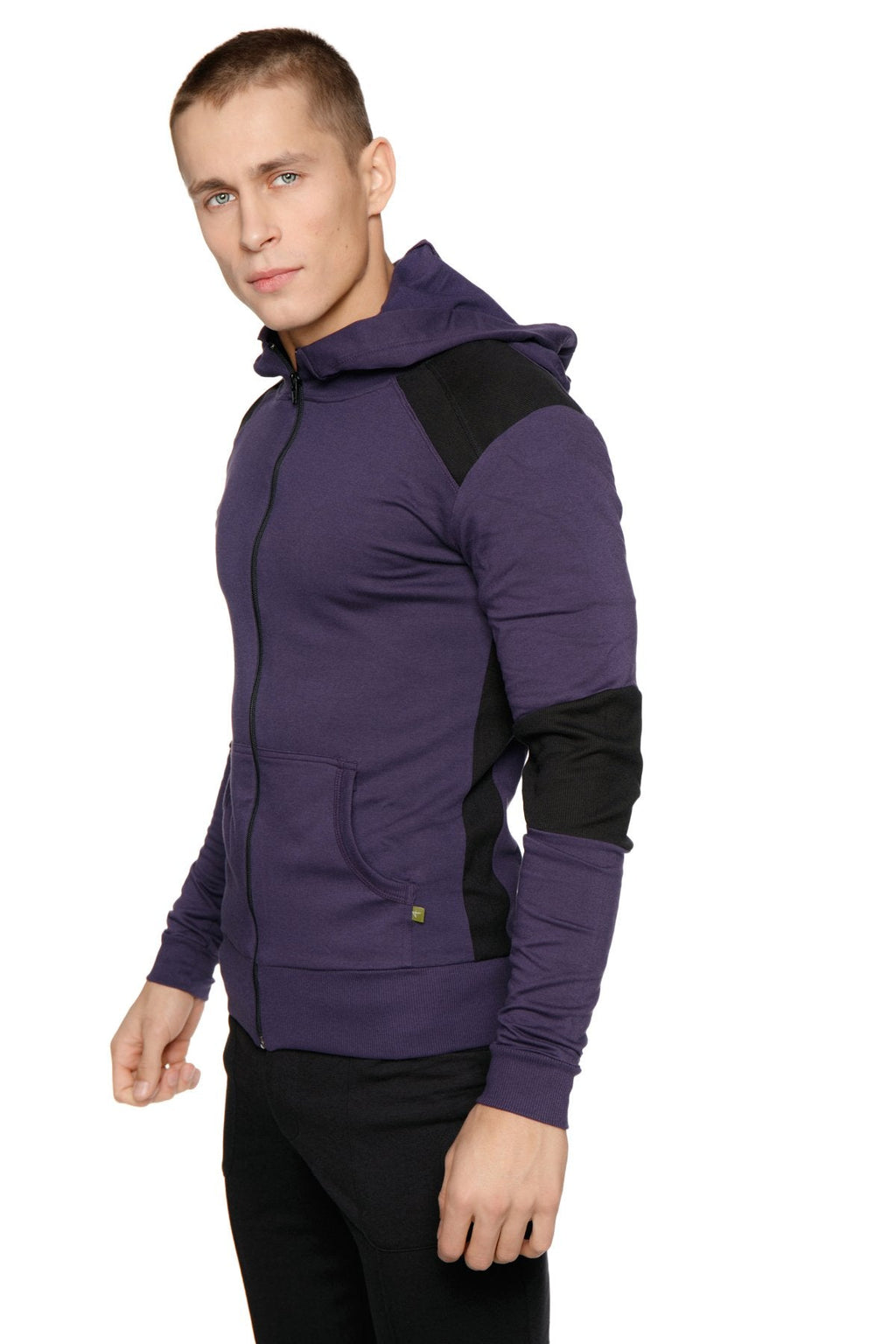 Form-fit crossover yoga track performance hoodie in eggplant and black with contrasting shoulder and sleeve panels