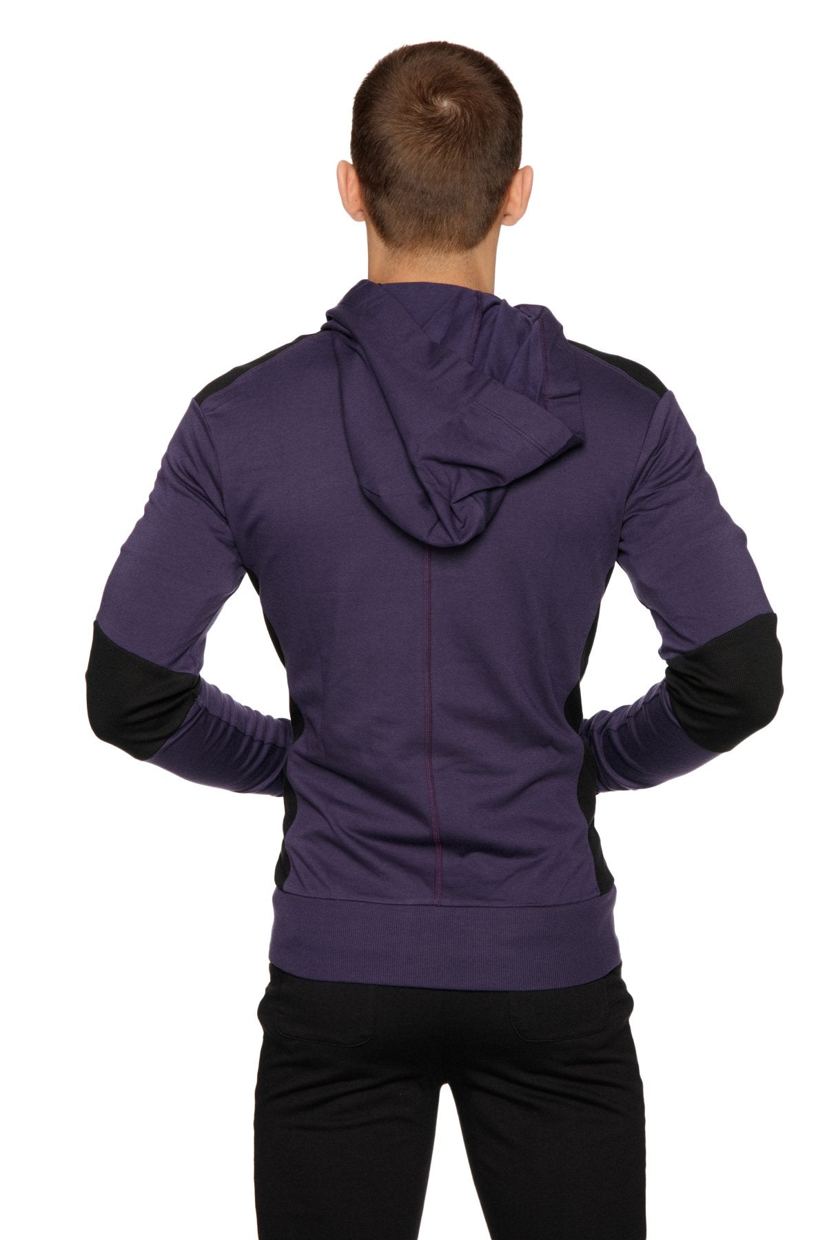 Form-fit crossover yoga track performance hoodie in eggplant and black with contrasting sleeve panels and zip-up front