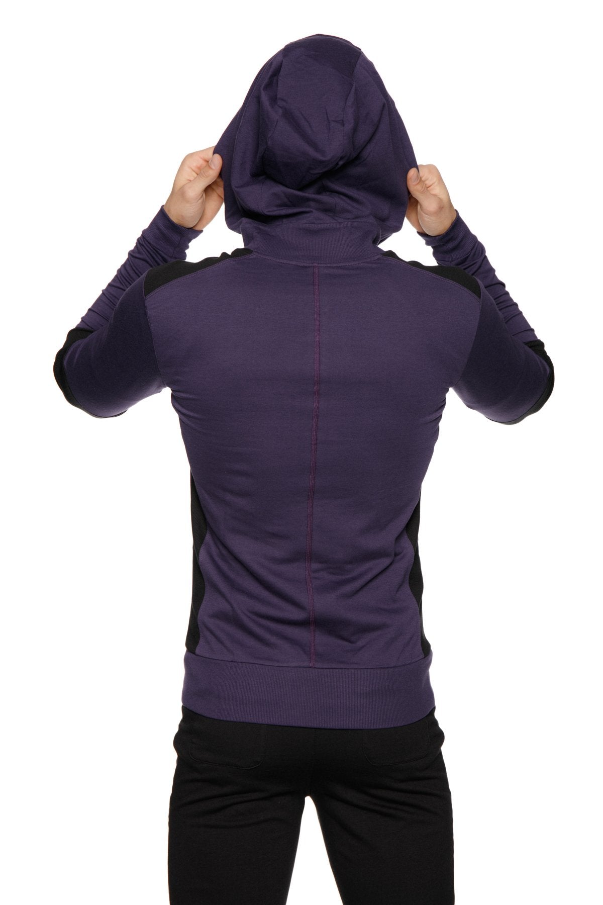 Form-fit crossover yoga track performance hoodie in dark purple and black with a sleek athletic design