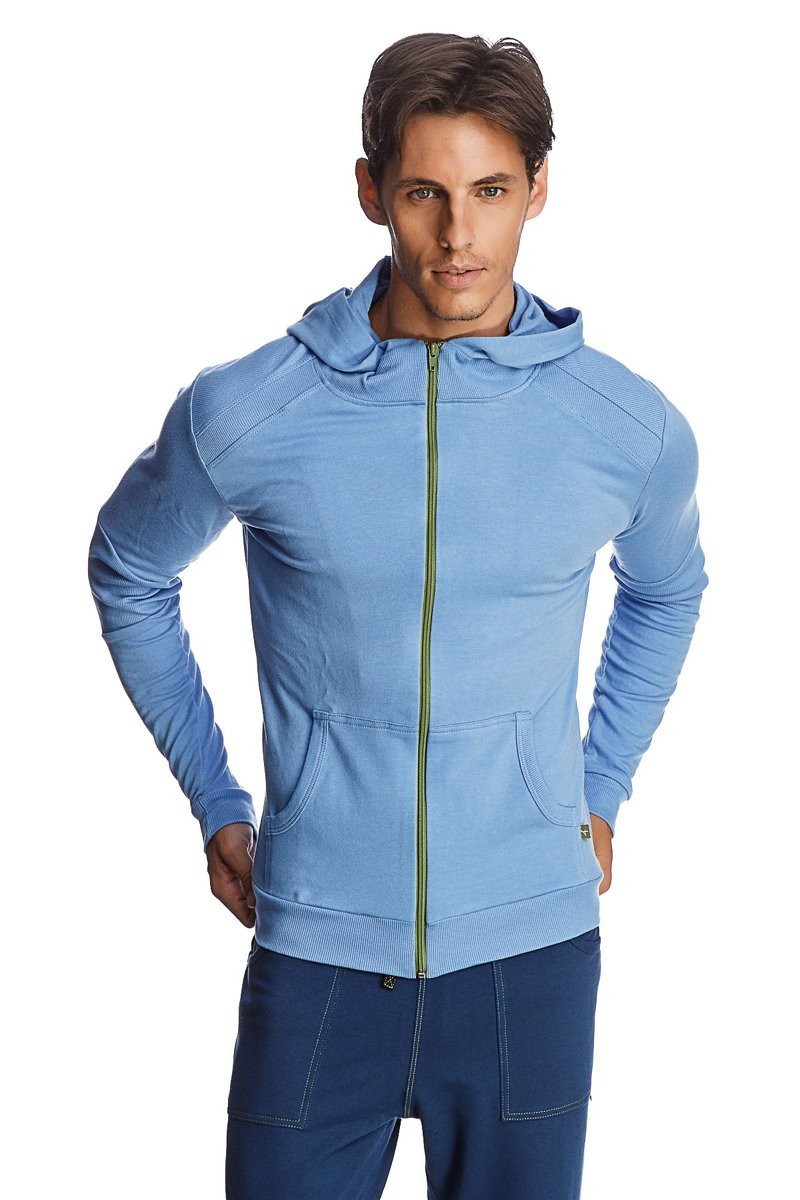 Form-fit crossover yoga track performance hoodie in ice blue with green zipper and two front pockets for activewear