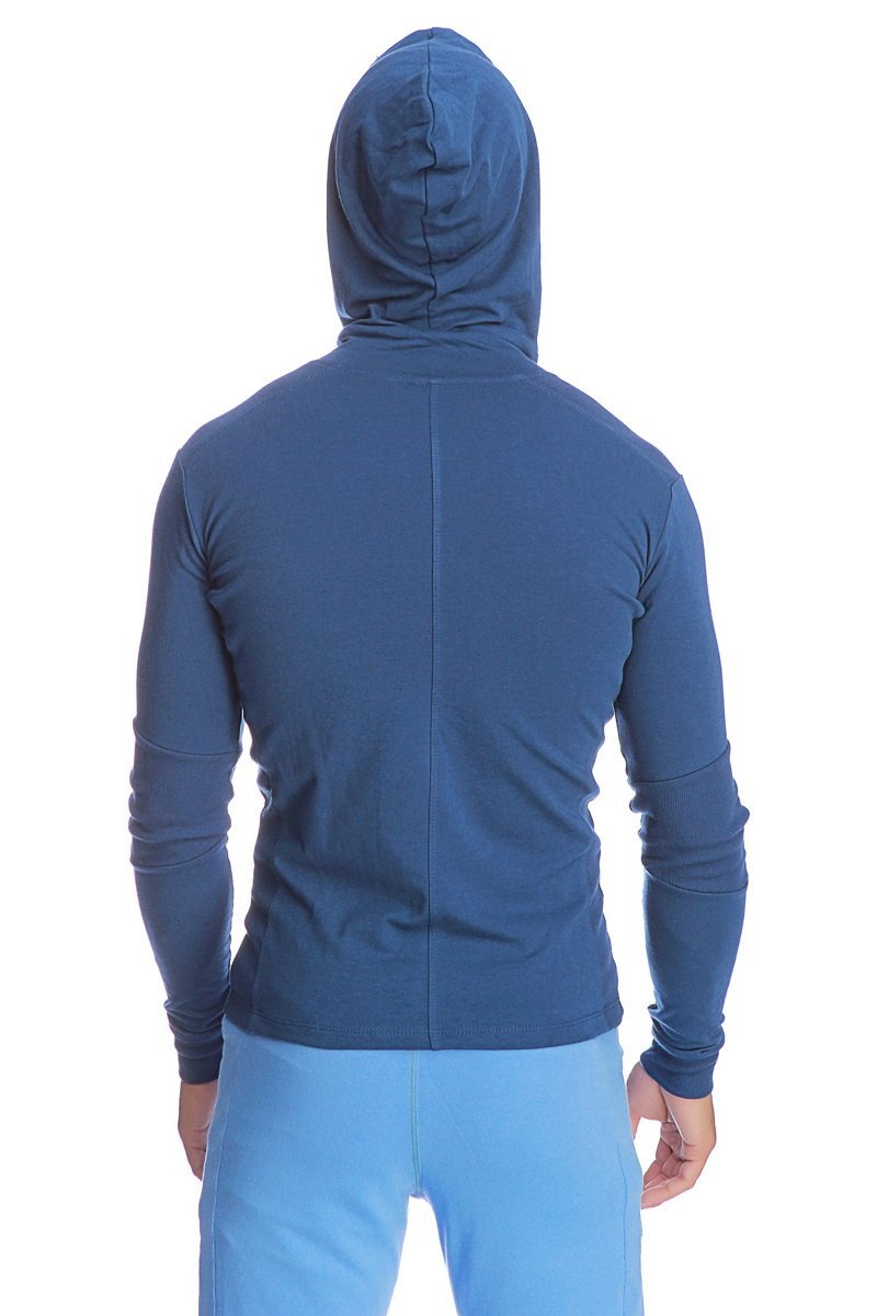 Blue hooded long sleeve athletic top with central back seam form fit crossover yoga track performance hoodie royal
