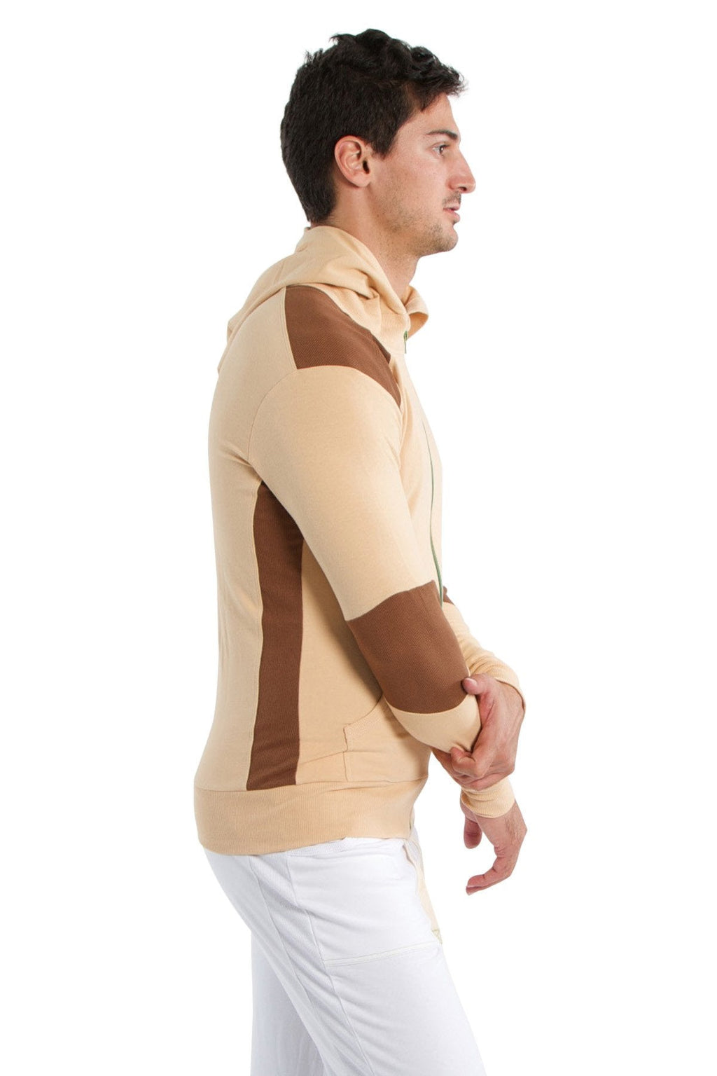 Beige and brown color-blocked form-fit crossover yoga track performance hoodie with zip-up front and ribbed cuffs