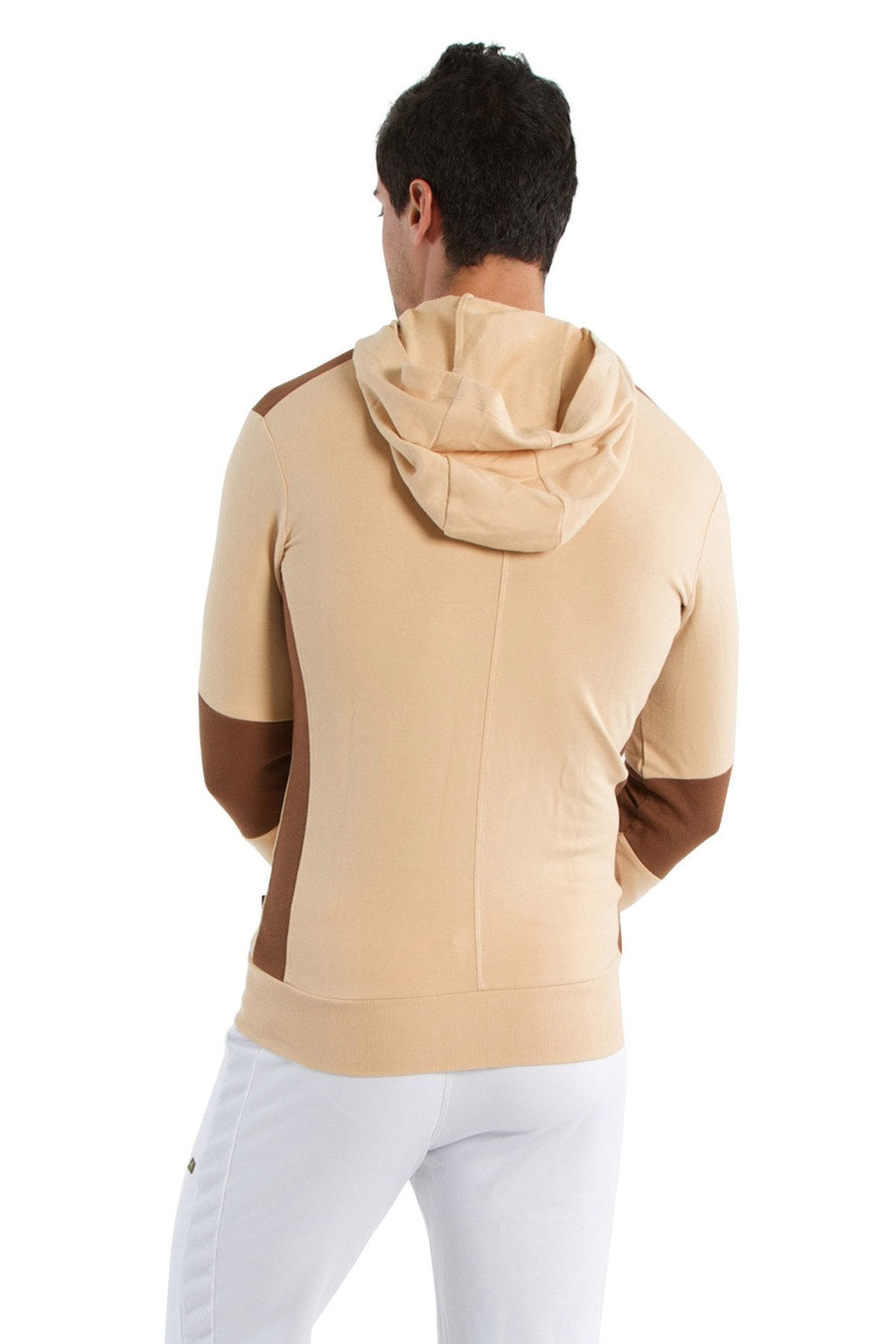 Beige and brown color-blocked form-fit crossover yoga track performance hoodie with sleek modern design in sand w chocolate