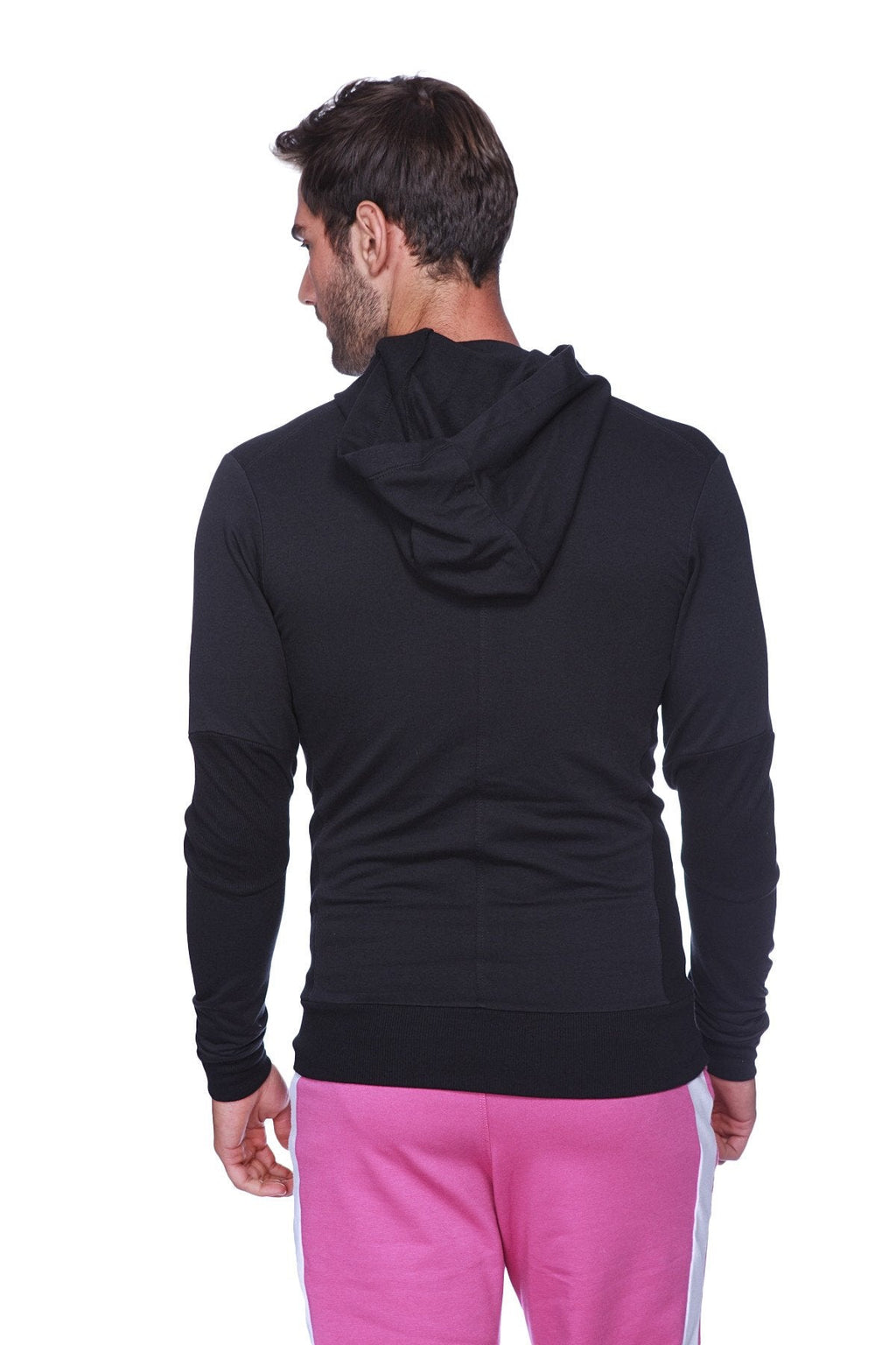 Black long-sleeved form-fit crossover yoga track performance hoodie with ribbed cuffs and black zipper