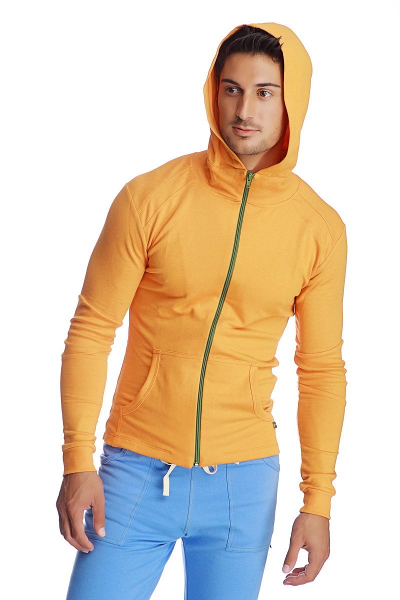 Form-fit crossover yoga track performance hoodie in sun orange yellow with green zipper trim and matching hood