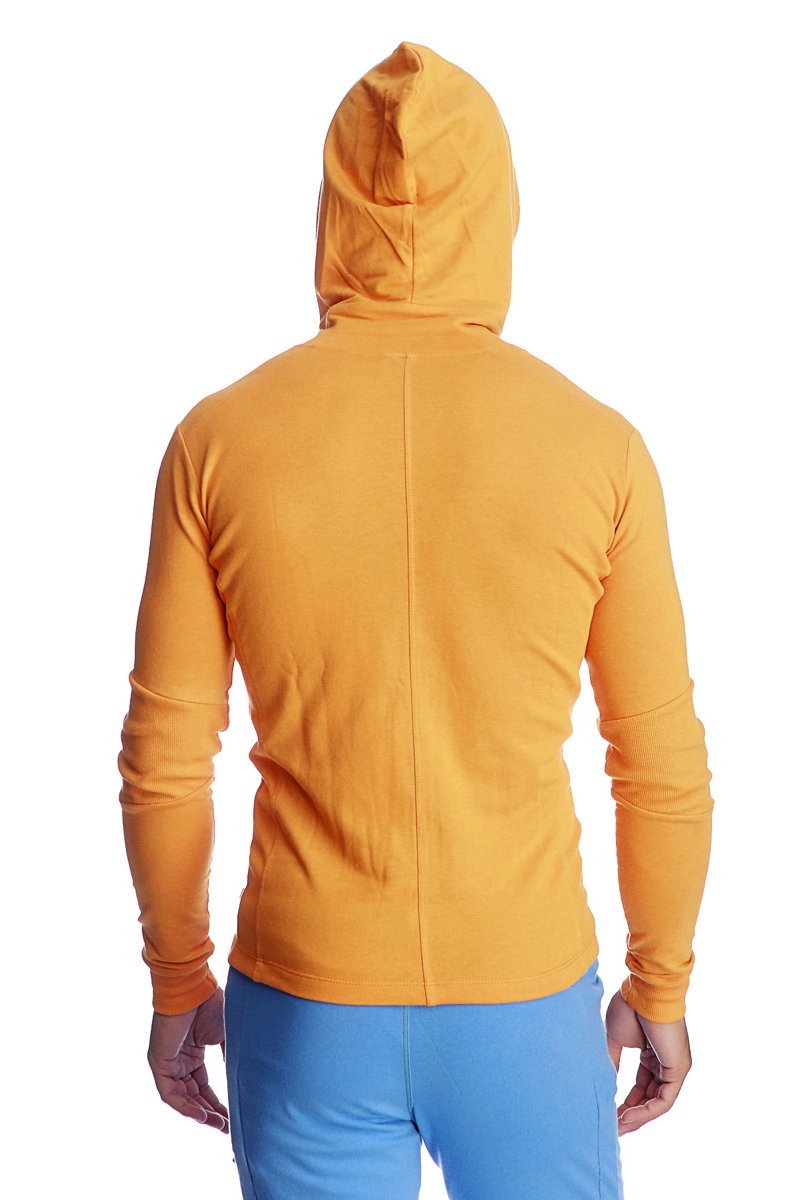 A vibrant sun orange form-fit crossover yoga track hoodie with long sleeves and ribbed cuffs for performance wear