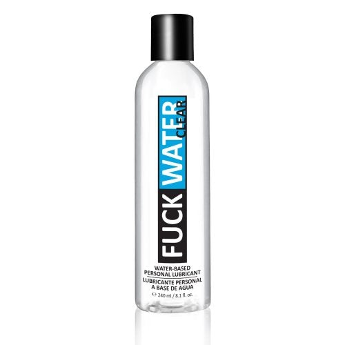Clear plastic bottle of fuck water clear water-based personal lubricant with black cap and blue and black label