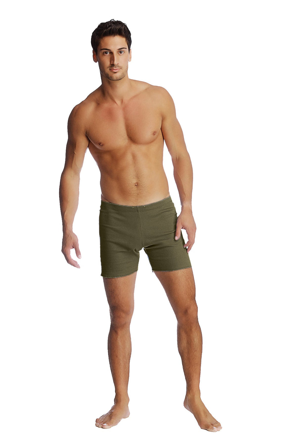 Olive green cotton fusion yoga shorts in army green shown from the back side for comfortable activewear