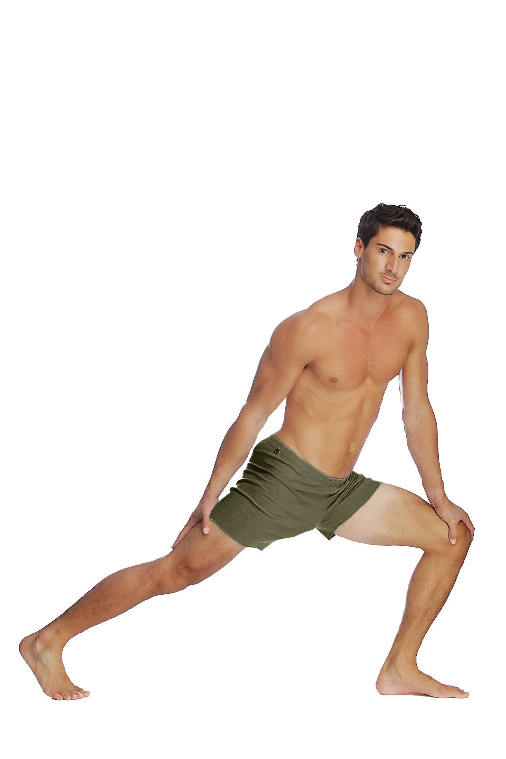 Olive green fusion yoga shorts made of breathable fabric designed for athletic wear and yoga practice