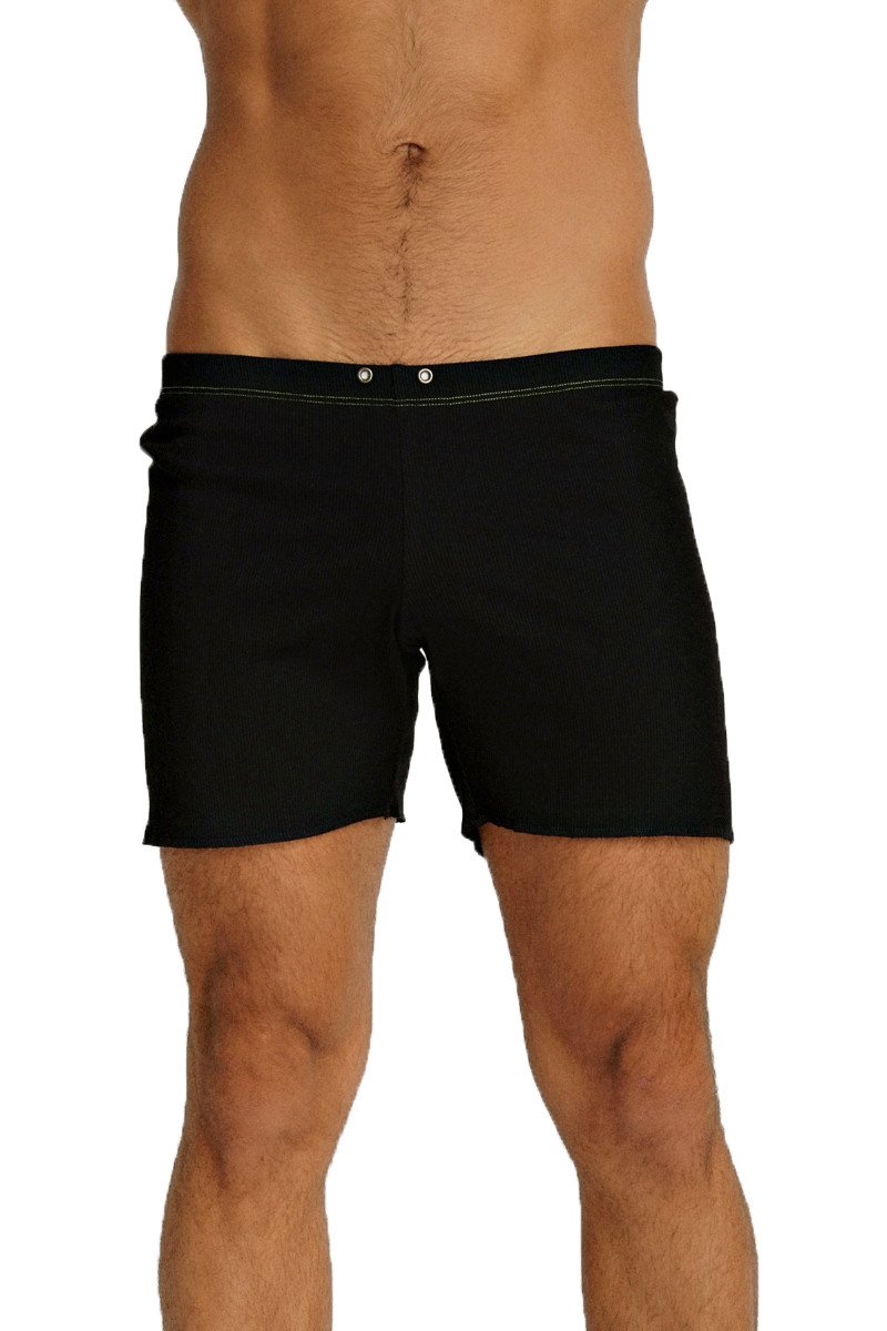 Fusion Yoga Short black swim trunks with sleek minimalist design and subtle white stitching along the waistband