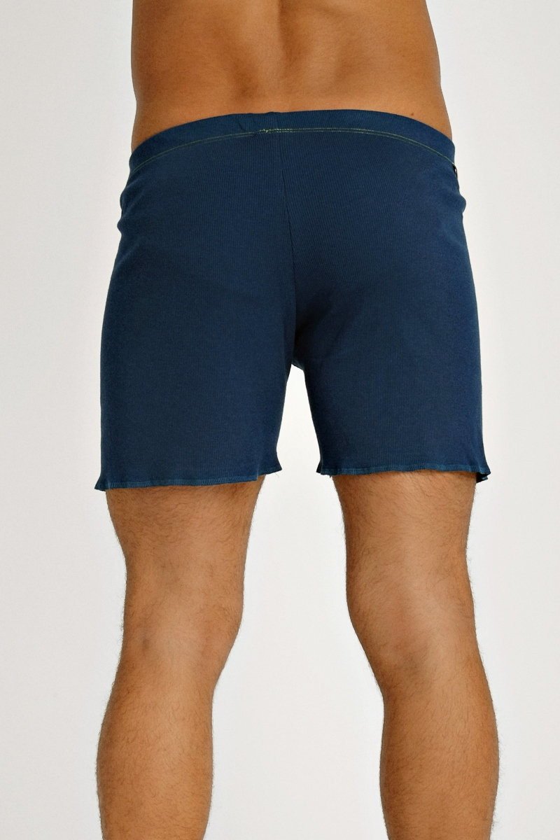 Dark blue denim Fusion yoga shorts with relaxed fit and frayed hem perfect for casual wear