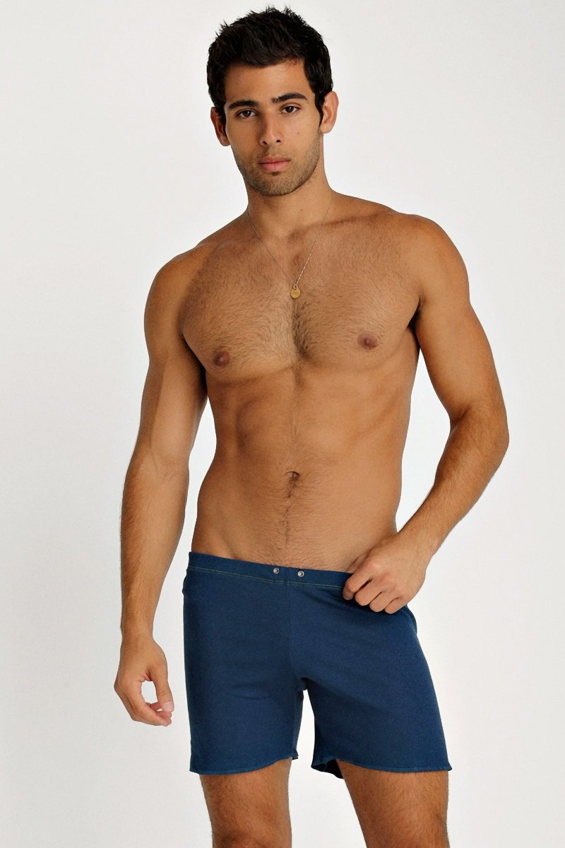 Navy blue fusion yoga short with simple design and two silver toned buttons at waistband for active wear